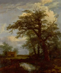 Uma paisagem arborizada com um carvalho, um lago e casas mais além