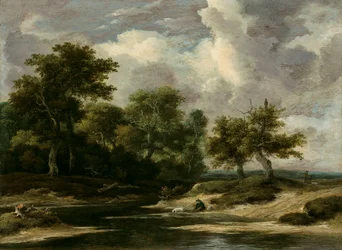 Uma paisagem fluvial arborizada com um viajante e um cão