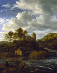 Castelo e moinho de água junto a um rio