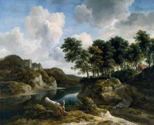 Paisagem fluvial com um castelo num penhasco alto