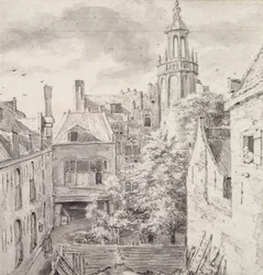 Vista do pátio da casa dos arqueiros do St. Sebastian Guild no Singel em Amsterdã (lápis e lavagem no papel)