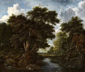 Paisagem arborizada com caçadores e um rio