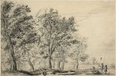 Paisagem de rio arborizado com três pessoas pescando