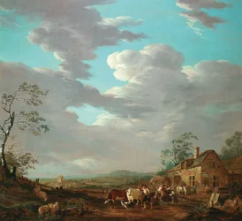 Holandês: Paisagem com figuras e gado perto de uma estalagem
