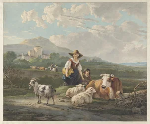 Uma camponesa e um rapaz junto de ovelhas e uma vaca numa paisagem montanhosa