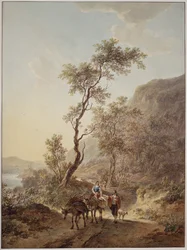 Paisagem italianizada com um casal de pastores numa estrada rural