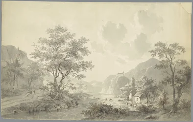 Cachoeira em um lago em uma paisagem de montanha