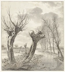 Paisagem de Inverno com salgueiros ao longo de uma vala congelada