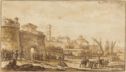 Uma cena costeira com uma cidade fortificada