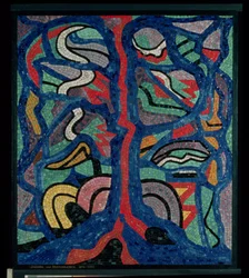 Árvore, composição em vermelho, preto, azul e amarelo