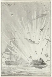 Explosão do navio corsário holandês The Brave Patriot em batalha com o navio inglês Chameleon, 14 de Agosto de 1781