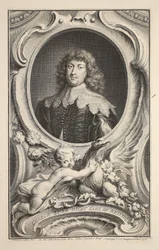 Retrato de George, senhor Digby, conde de Bristol, ilustração das Cabeças de pessoas ilustres de Grâ Bretanha , bar. de Knapton, Londres, 1742