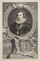 Retrato de George Villiers, duque de Buckingham, ilustração "das cabeças de pessoas ilustres de Grâ Bretanha", bar. de Knapton, Londres, 1742