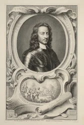 Retrato de John Hampden, ilustração "das cabeças de pessoas ilustres de Grâ Bretanha", bar. de Knapton, Londres, 1742