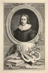 Retrato de John Milton, ilustração das "cabeças de pessoas ilustres de Grâ Bretanha", bar. de Knapton, Londres, 1742