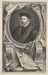 Retrato de Nicholas Bacon, ilustração "das cabeças de pessoas ilustres de Grâ Bretanha", bar. de Knapton, Londres, 1742