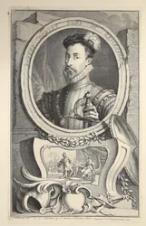 Retrato de Robert Dudley, conde de Leicester, ilustração "das cabeças de pessoas ilustres de Grâ Bretanha", bar. de Knapton, Londres, 1742
