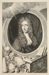 Retrato do Hon. Robert Boyle, ilustração de "cabeças de ilustres pessoas da Grã-Bretanha", pub. de Knapton, Londres, 1742