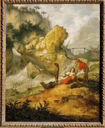 Paisagem rochosa com cascata e pastores (pintura sobre madeira de carvalho)
