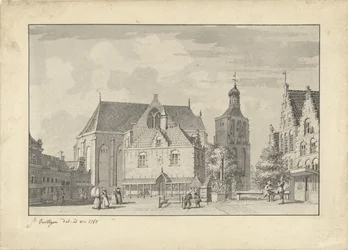 A igreja, casa de pesagem e mercado de peixe em Workum
