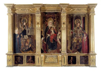 O retábulo de Santo Ildefonso (falecido em 667, bispo de Tolede) e Santo Agostinho de Hipona (c. 354-430, filósofo e escritor berbere). Pintura de Jaume Baco dit Jacomart (1410-1461). Óleo sobre madeira, cerca de 1450, arte renascentista. Cathedrale Sainte