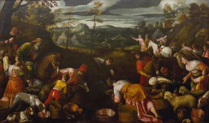 Moses Striking Water from the Rock par Bassano, Jacopo, the Elder (c. 1510-1592) (Jacopo da Ponte). Óleo sobre tela