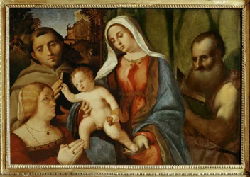 Sacra Conversazione: Madonna e criança, Santo António, São Jerónimo e doador ... (pintura sobre tela)