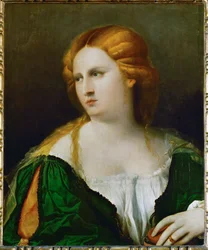 Mulher jovem de vestido verde, uma caixa na mão (madeira de choupo)