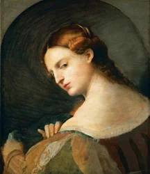Portrait de jeune femme de profil - Retrato de uma jovem mulher de perfil, de Palma il Vecchio, Jacopo, a Velha (1480-1528). Óleo sobre madeira, c. 1520. Dimensão : 49x42,4 cm. Museu de História de Arte, Vienne