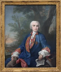 O castrato soprano Carlo Broschi, chamado Farinelli (1705-1782). O cantor ostenta a medalha da Ordem de Calatrava; na partitura que segura na mão figuram alguns compassos da ópera Zenobia de Gaetano Latilia.