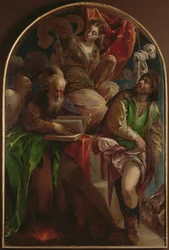 Santa Justina de Pádua, entronizada com São Sebastião, Santo António Abade e São Roque, c.1557-60