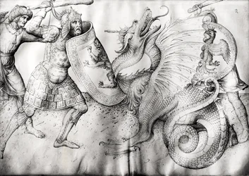Batalha entre guerreiros e um dragão, c.1450 (tinta aveludada)