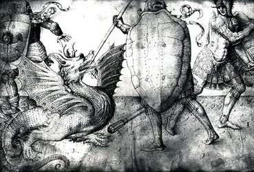 Guerreiros lutando contra um dragão, c.1450 (tinta sobre velino)