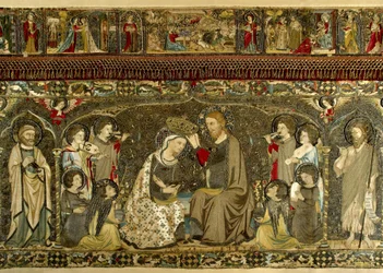 A Coroação da Virgem entre oito anjos e catorze santos (bordado eclesiástico), ativo cerca de 1336