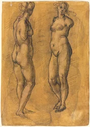 Cópia de uma estátua antiga de uma mulher em pé duas vistas, sobre um esboço de um Putto, década de 1570.