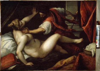 Tarquínio e Lucrécia (Tarquinius e Lucrécia). Sexto Tarquínio viola Lucrécia, acontecimento que teria levado à queda da monarquia e ao início da República na Roma Antiga, em 509 a.C. Pintura de Jacopo Palma il Giovane (o Jovem)