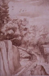 PD.52-1997 Vista do Mosteiro de La Verna, a estrada que conduz ao Mosteiro, c.1607-12 (lavagem, caneta e tinta sobre papel)