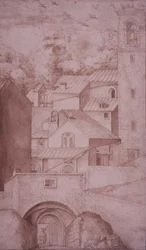 PD.53-1997 Vista do Mosteiro de La Verna, Portão de Entrada e Torre do Sino, c.1607-12 (lavagem, caneta e tinta sobre papel)