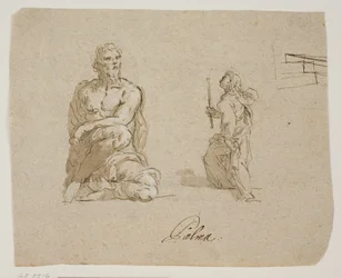 Homem ajoelhado, menina com uma vela subindo escadas (a Virgem entrando no templo), esboço de perspectiva para as escadas