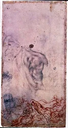 Estudo para um retrato de Cosimo I Giovinetto com outros estudos de corpos contorcidos (giz preto e vermelho sobre papel)
