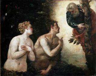 Adão e Eva enfrentam o Eterno Pai Pintura de Jacopo Robusti disse o Tintoret (Tintoretto) (1518-1594) 1550-1553 Sol. 90x110 cm Florença, Palazzo Pitti, Galleria Palatina