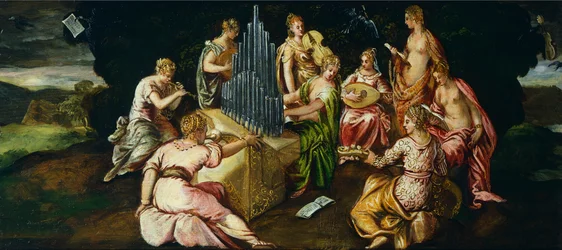 Concurso entre Musas e Pierides, de Jacopo Robusti conhecido como Tintoretto (1519-1594), óleo sobre painel, 46x91 cm