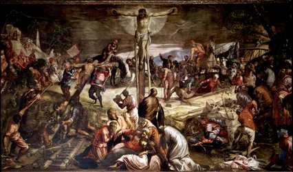 Pintura "Crucifixo" por Tintoretto (Jacopo Robusti) (1518-1594) 1565 Dim 536x1224 cm Veneza, Scuola di San Rocco