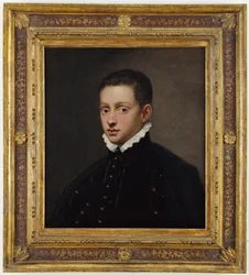 Retrato de um rapaz, em busto, com gibão preto e colarinho branco