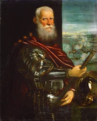 Sebastiano Venier (1496-1578), com a Batalha de Lepanto no fundo - Jacopo Tintoretto (1518-1594). Óleo sobre tela, depois de 1571. Dimensão : 104,5x83,5 cm. Museu de História de Arte, Vienne