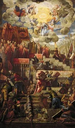 O Doge Niccolo da Ponte recebe ramo de oliveira de Veneza, Jacopo Robusti conhecido como Tintoretto (1518-1594), Detail, Sala del Maggior Consiglio (Salão do Grande Conselho), Palazzo Ducale, Veneza