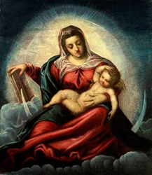 A Madona e o Menino em uma mandorla em uma lua crescente e nuvens, com o livro da sabedoria