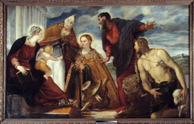 A Virgem e o Menino com Santa Catarina, Santo Agostinho, São Marcos, São João Baptista Pintura de Jacopo Robusti dit Il Tontoretto (o Tintoret) 1549 Sol. 1,93x3,14 m Lyon, Musee des Beaux Arts