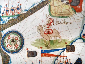 Um comerciante árabe em um camelo, detalhe de um mapa renascentista da Europa, Jacopo Russo (após) 1528