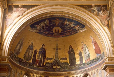 Vista interior da abside da Basílica de São João de Latrão. Mosaico de Jacopo Torriti (ativo por volta de 1291-século XIV) e Jacopo da Camerino (ativo por volta de 1288-1331) representando a Jerusalém Celeste. Roma